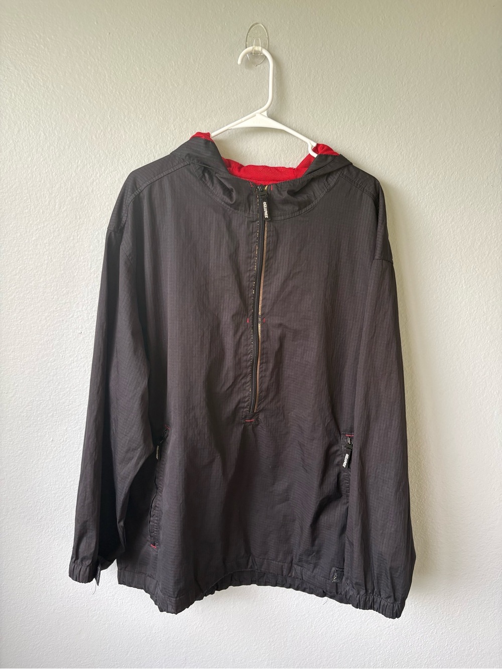 Starter Windbreaker Pullover Jacket Men's Size L Black Hooded Half-Zip Vintage